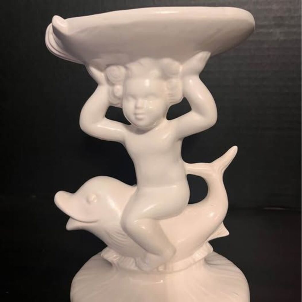 Vintage White Ceramic Cherub Riding Dolphin Shell Bowl Figurine Hollywood Regenc